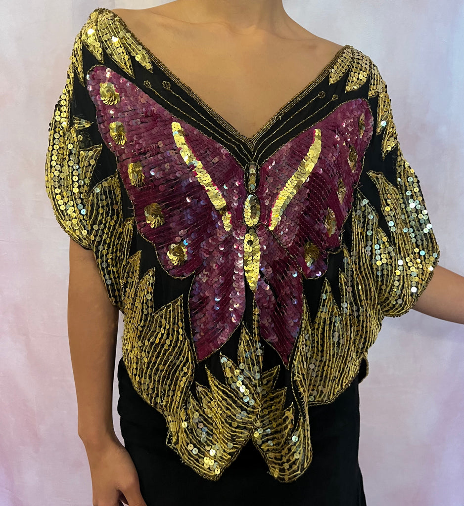 Burgundy/ gold butterfly disco top